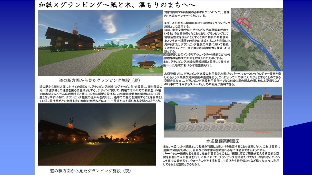 和紙×グランピング~紙と木、温もりのまちへ~の研究内容が記載されている資料を写した写真