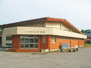 茶色と白の配色の外壁で玄関入口に段差がある小川町立武道館の外観写真