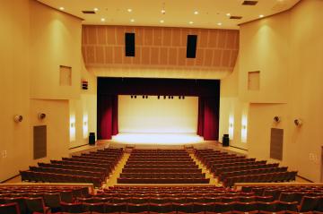 赤い舞台幕のステージと大容量の客席が設置されているホールを2階席から撮影した写真