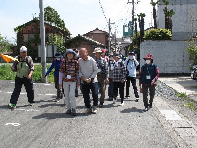 参加者たちが住宅地の中の道路を歩いている写真