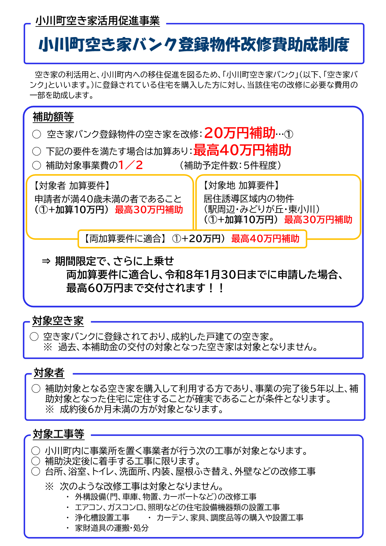 小川町空き家バンク登録物件改修費助成制度の案内チラシ