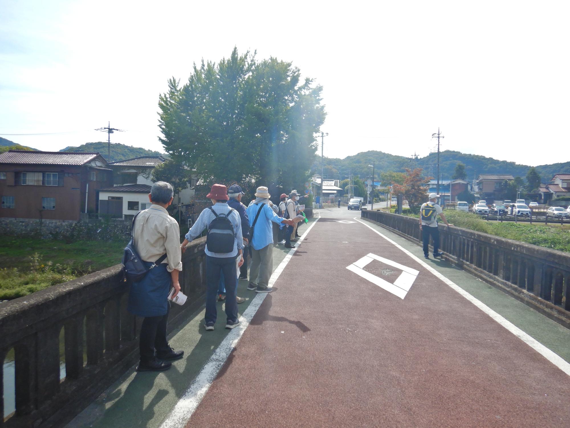 車道部分が茶色く、歩道部分が緑色に塗装された石造りの橋で立ち止まっている参加者達の写真