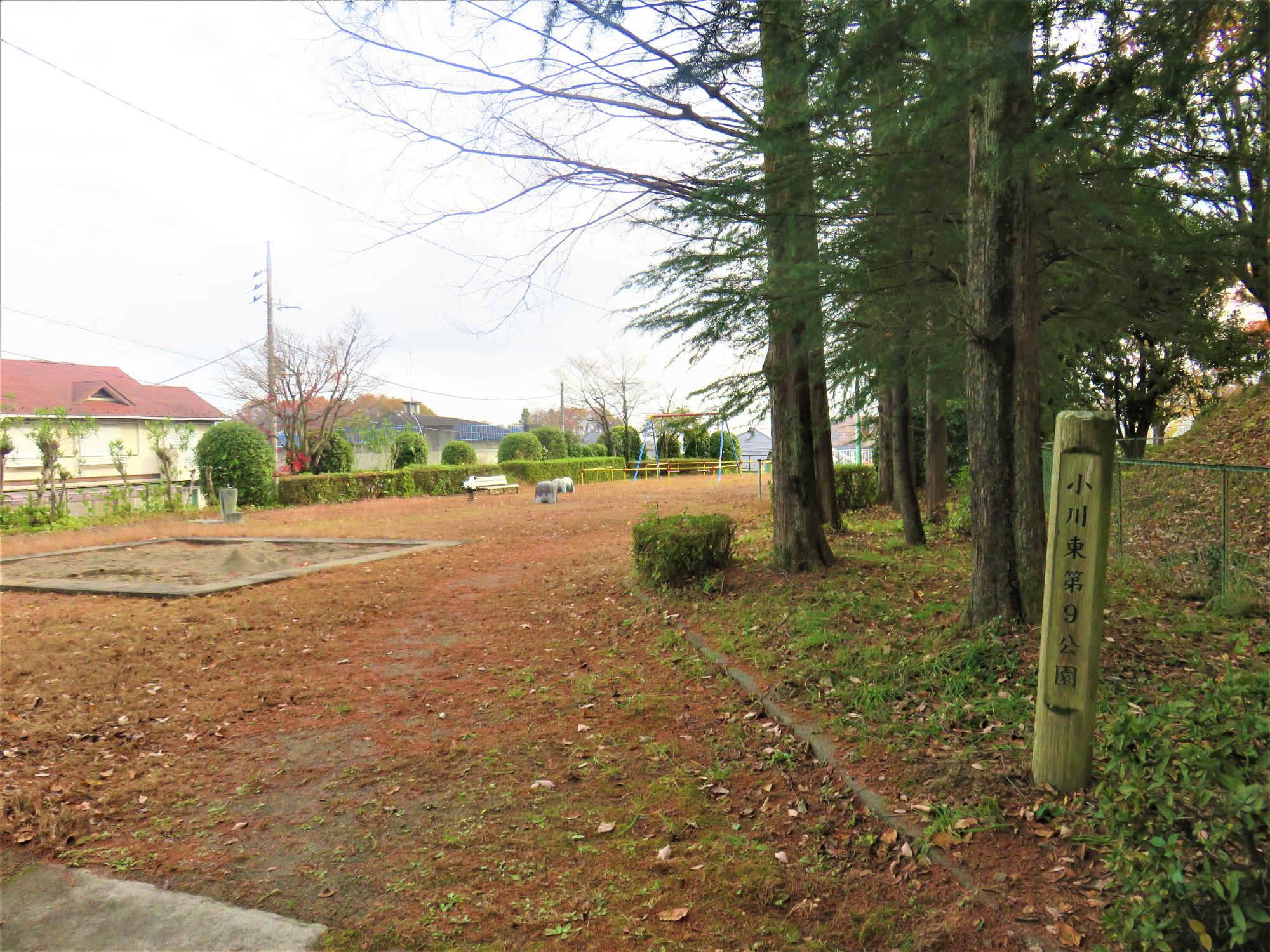 住宅街に囲まれ右側に小高い丘のある公園内に、ベンチやブランコなどの遊具が整備された小川東第9公園の写真