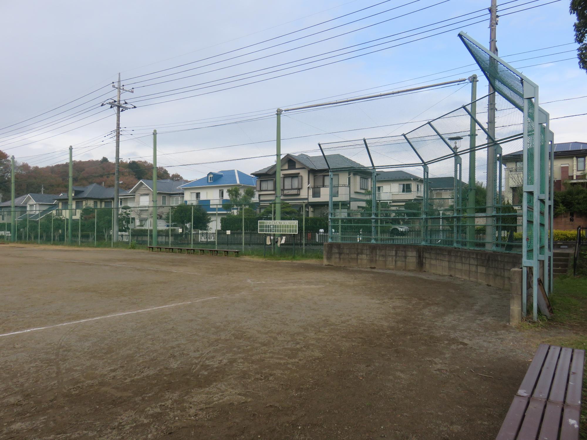 野球のスコアボード、バックネットが設置されているグラウンドの写真