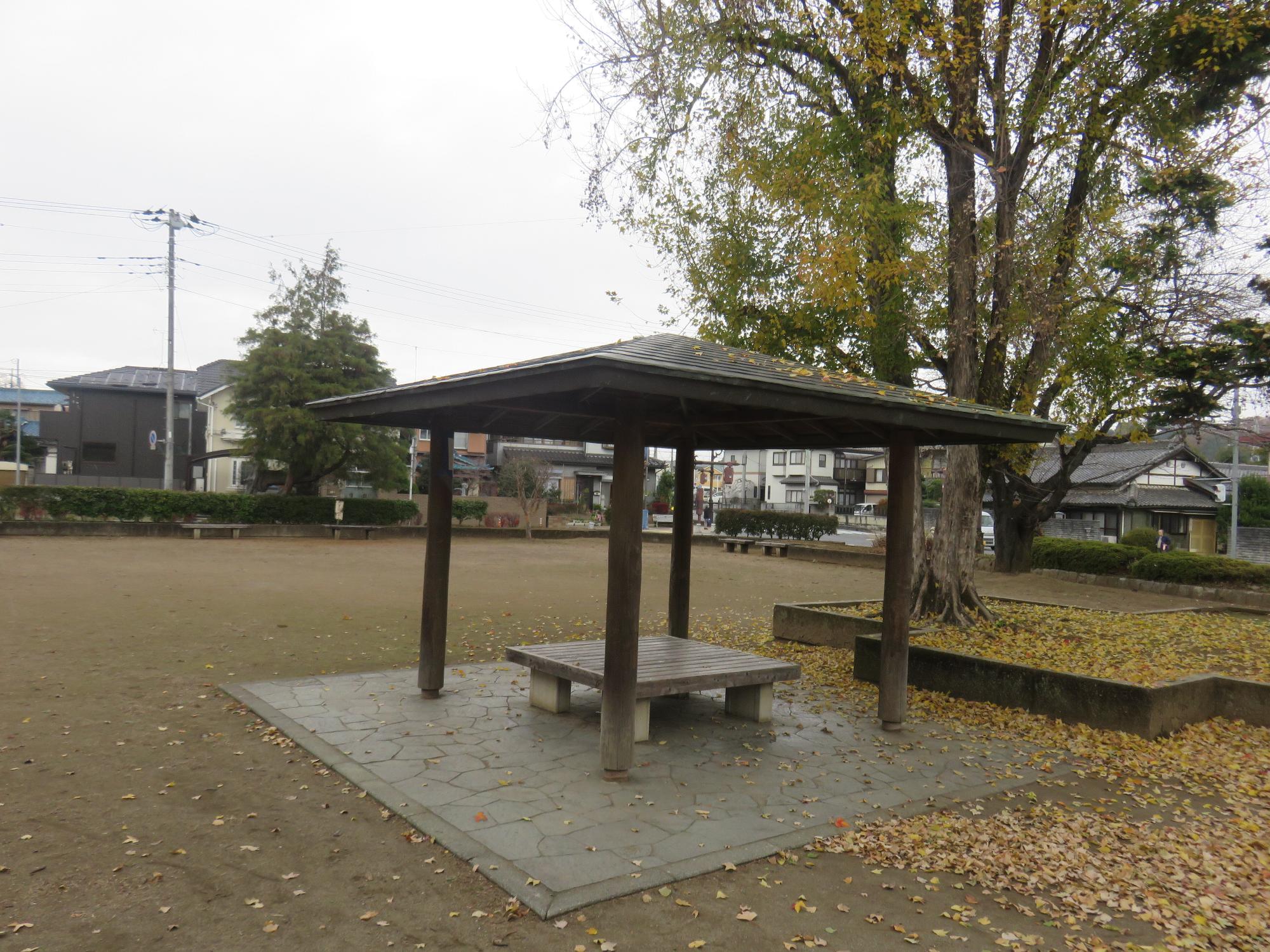 大きな木の横に設置されている東屋の写真