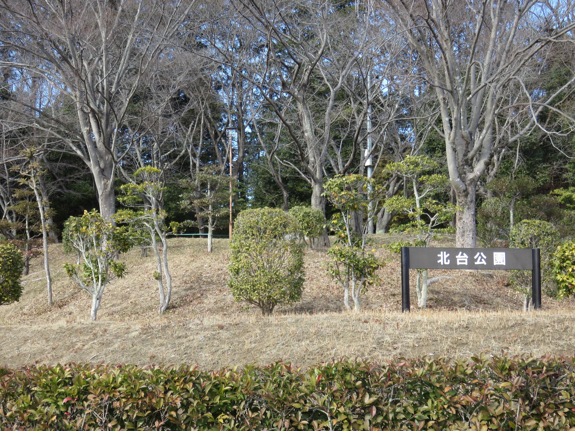 「北台公園」と書かれた看板の奥に高さの違う木々がところどころ生えているみどりが丘北台公園の写真