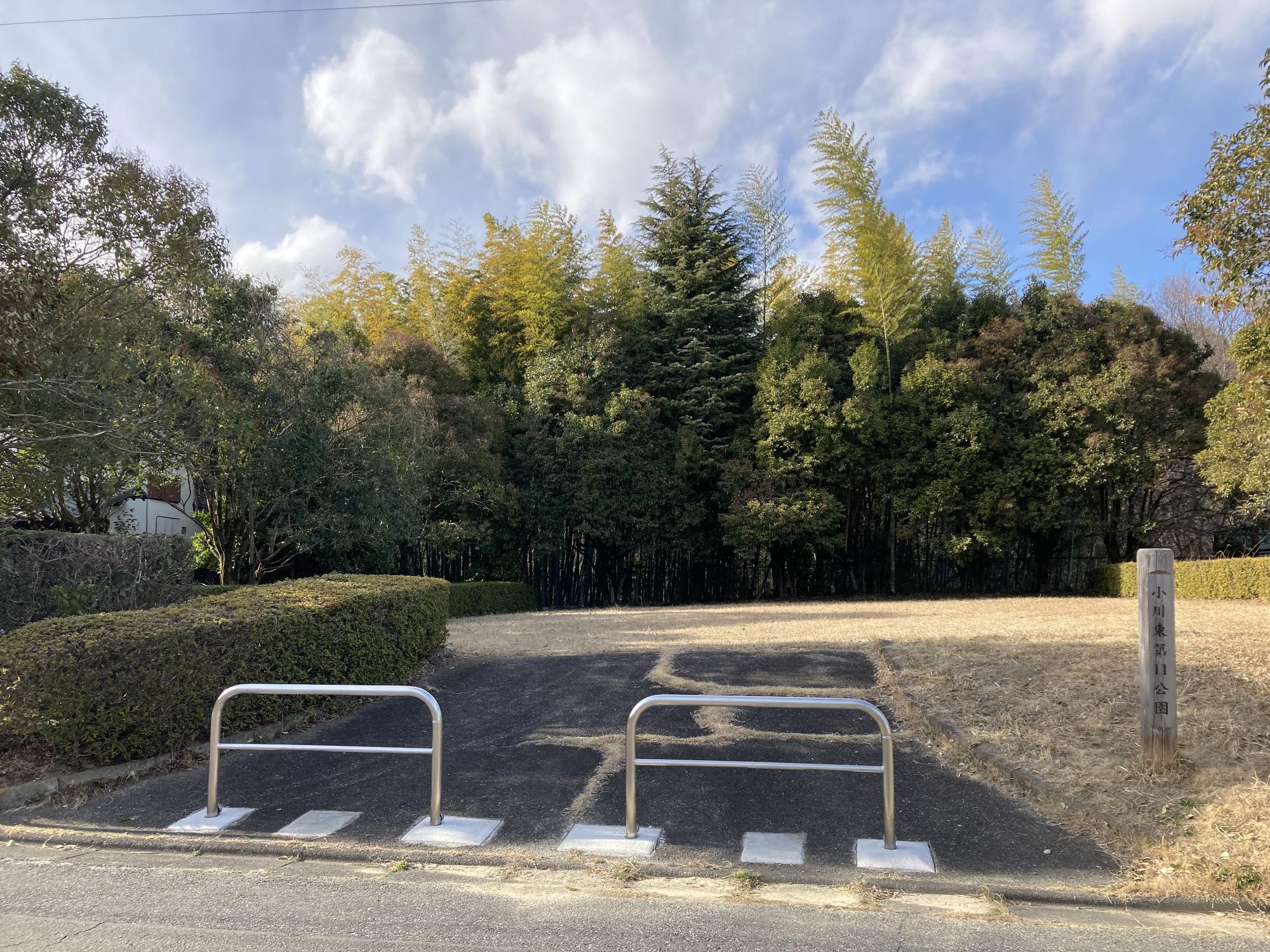 奥に鬱蒼と茂った林があり生垣に囲まれた小川東第11公園の写真