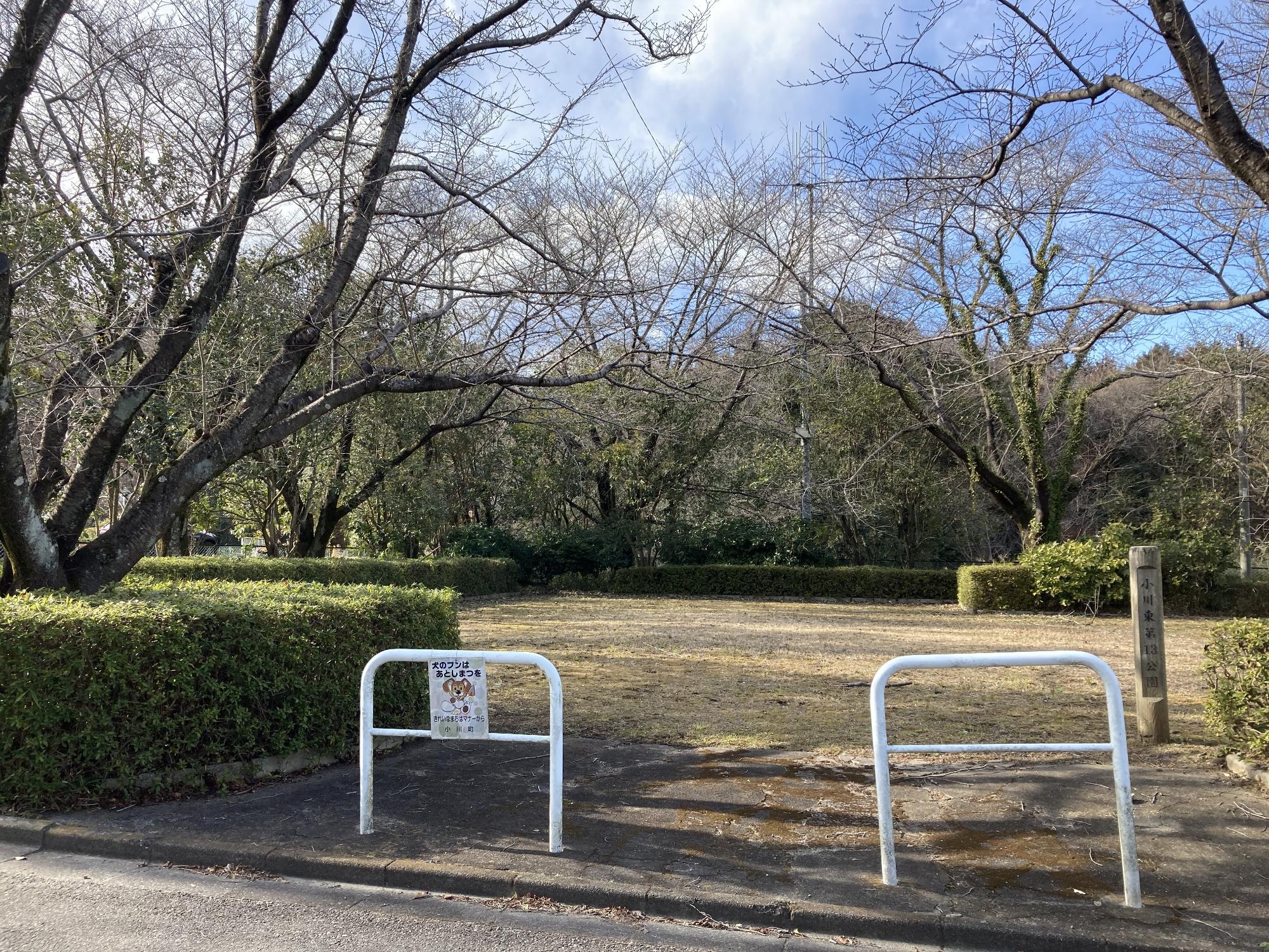 周囲を木々や生垣に囲まれた小川東第13公園の写真