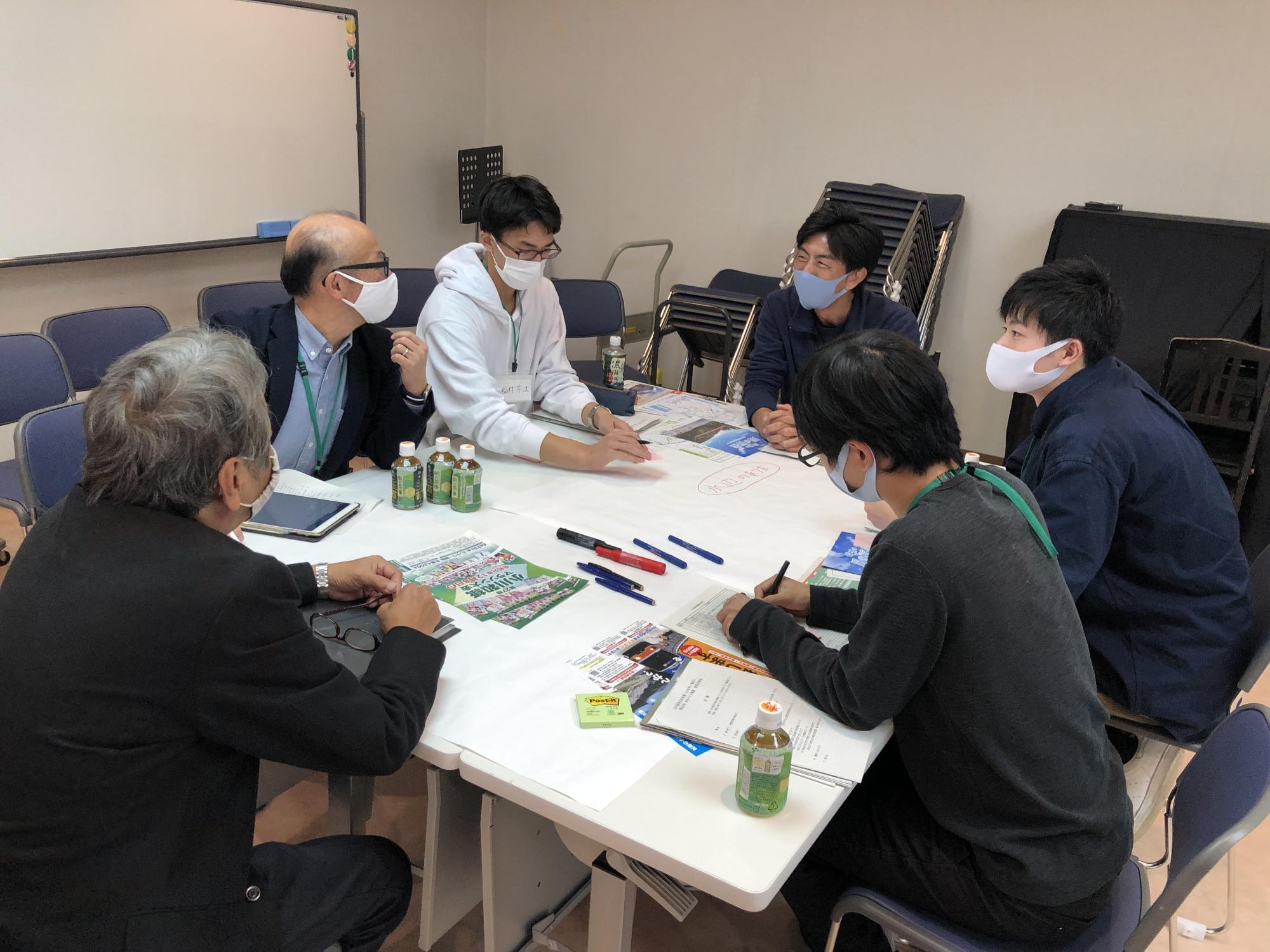 正方形の机に6名の人たちが座り話し合いをしている写真