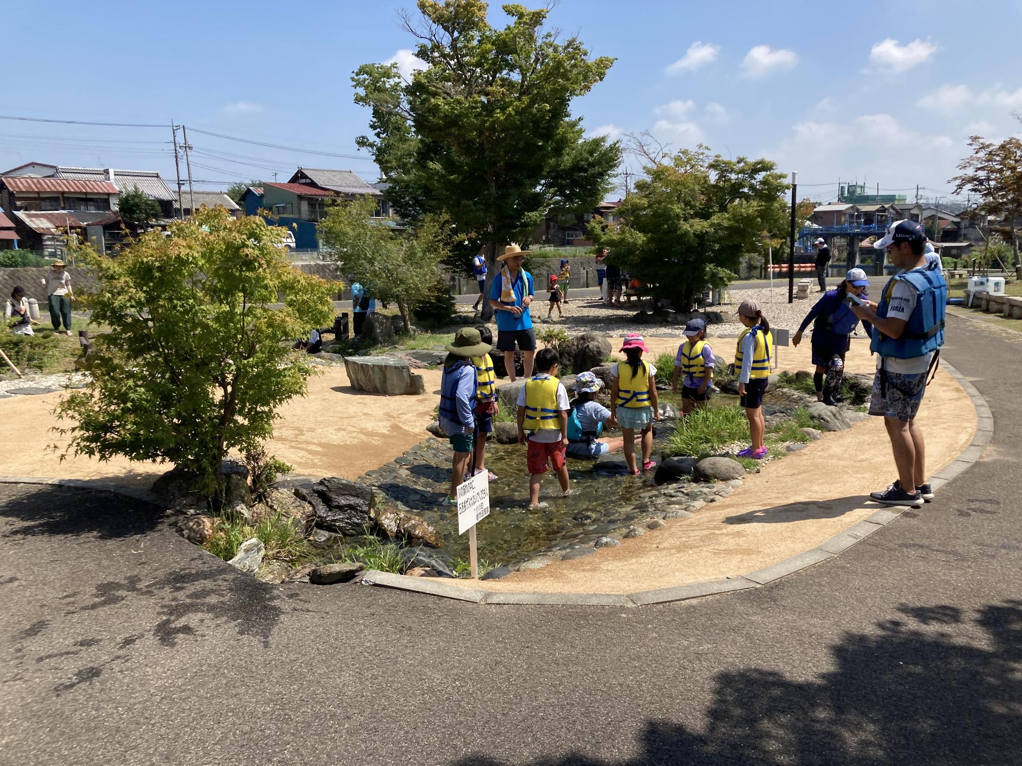 ライフジャケットを身に付けた子供たちが、親水公園のような場所で水遊びをしている写真