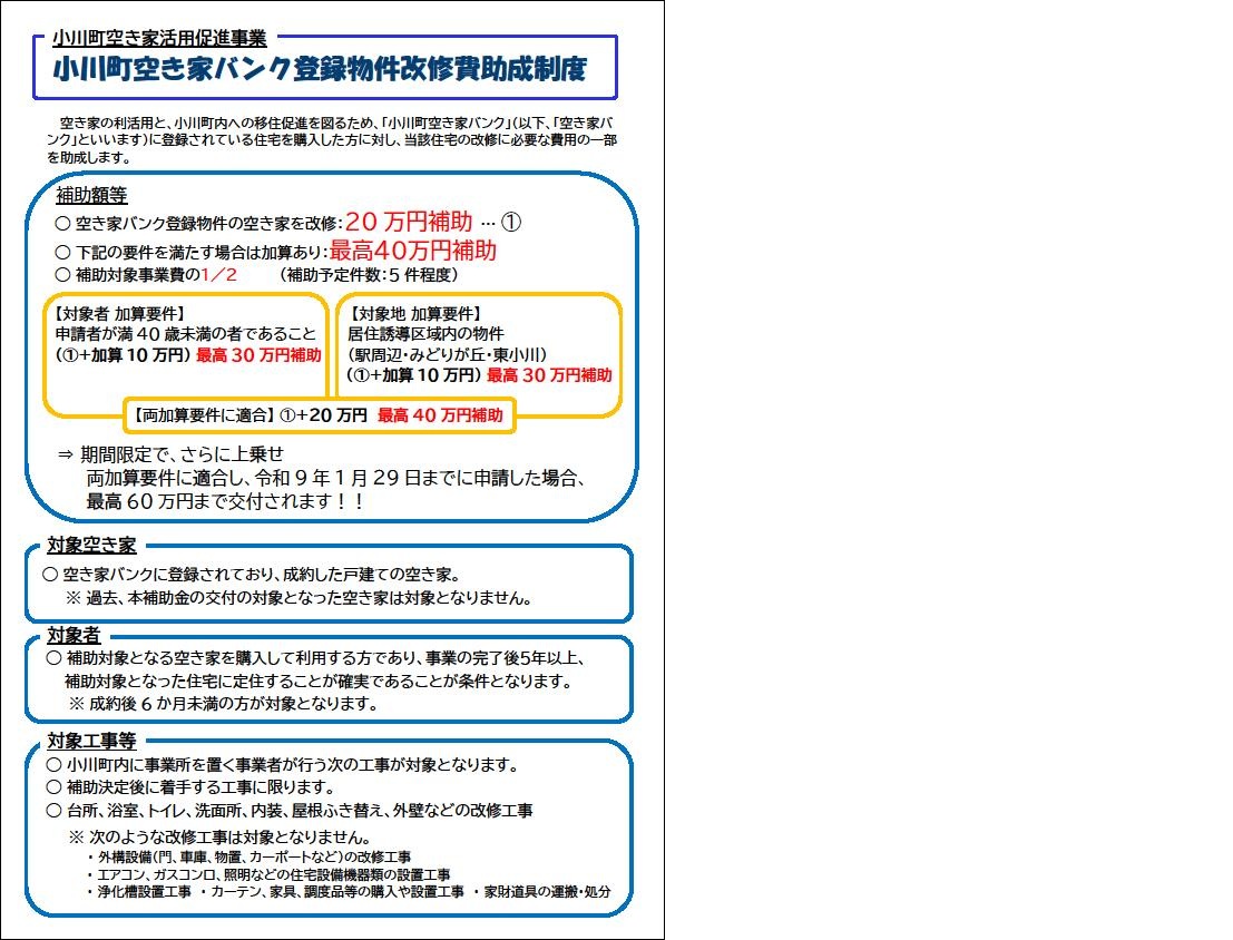 小川町空き家バンク登録物件改修費助成制度の案内チラシ（表）