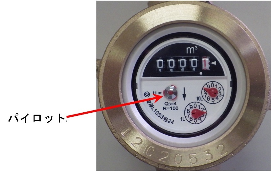 中央付近にある銀色の突起に赤矢印で「パイロット」と記載された水道メーター器の写真