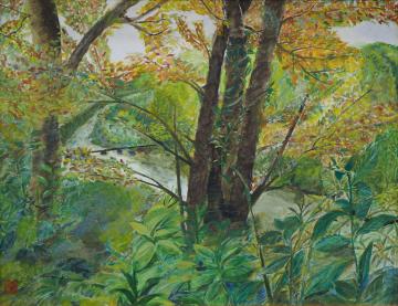 水が流れている槻川を、草が生えた高台に立つ木々の隙間から見た風景を描いた井上 清江さんの作品