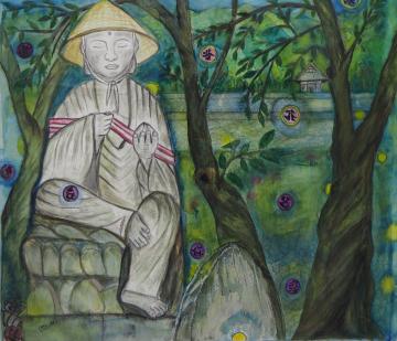 菅笠を被り右足を左足にかけて座っているお地蔵様の石仏に、傍に立つ木の花が散りお地蔵様の足に落ちている様子を描いた大河原 落実さんの作品