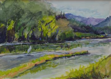 山並みが見える槻川の中州に一羽のサギがとまっている風景を描いた大野 順一さんの作品