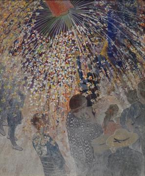 手前に人々が行きかう様子が描かれた八坂神社奉納の中谷 小雪さんの作品