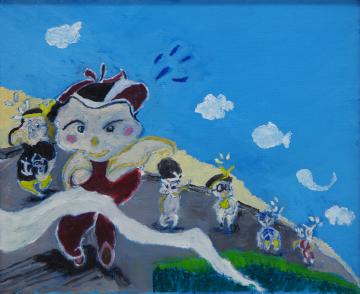 頭に白い鉢巻きを巻いた参加者がグランドを走り、赤色のジャージを着た一位の走者がゴールテープを切ろうとしている様子を描いた岡本 光夫さんの作品