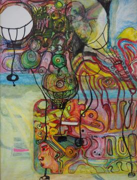 目の形をしたものが沢山描かれ、3つの風船が浮いている様子をカラフルに描いた尾嵜 眞一さんの作品