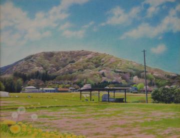 小高い山に立つ桜の木がピンク色に染まり、手前の畑の土手にタンポポの花が咲いている春の風景を描いた金山 敏さんの作品