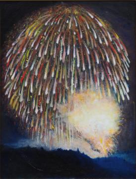 山の上に大きなしだれ柳の打ち上げ花火をカラフルな配色で描いた亀井 弘子さんの作品