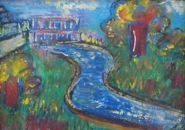 ピンク色の壁の建物の前から小川が流れ、左右に黄色の花が咲いている木々が立っている風景を描いた岸 澄夫さんの作品