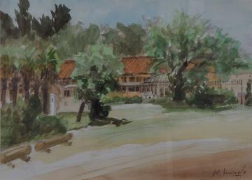 赤色の屋根の下里分校や周囲に生えている木々、敷地内に設置された木製のベンチの風景を描いた黒田 光雄さんの作品