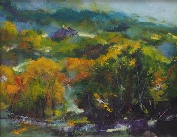 山の木々の葉が黄色やオレンジに染まっている風景を描いた小室 アサジさんの作品