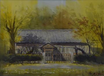 瓦屋根平屋住宅を囲んだ大きな銀杏黄葉の様子が描かれた宮崎 慎二郎さんの水彩画の写真