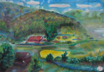 紅葉でところどころ色づいた山並みの麓に民家が点在し、黄金に輝いた稲穂がのどかな風景を描いた佐藤 誠一さんの作品