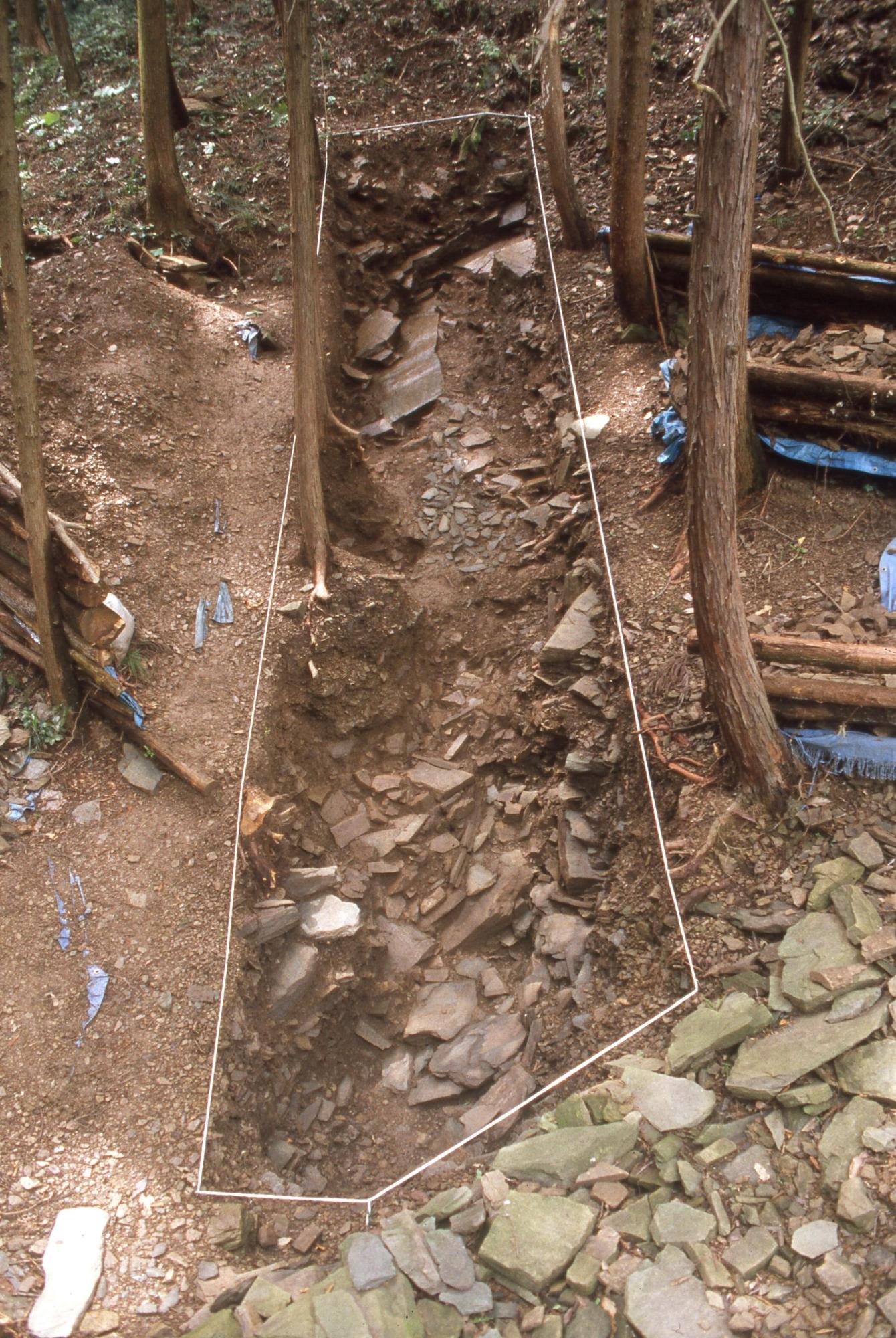 板石が検出がされた箇所が一段低く溝のようになっており周りを白い糸のようなもので囲まれている様子を見下ろすように撮影した写真