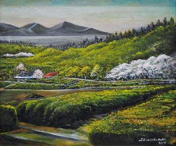 濃淡様々な緑の草木と桜の花が咲く春の里山が描かれた青木 眞一さんの作品