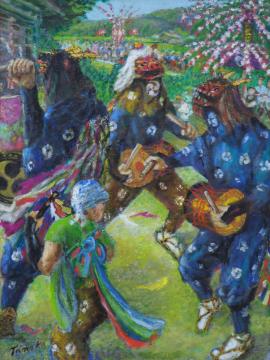 青色の衣装を身にまとい角が生えた鬼の面を被った3名の演者が腰に太鼓を巻き付けて踊っている祭りの様子を描いた田中 忠孝さんの作品