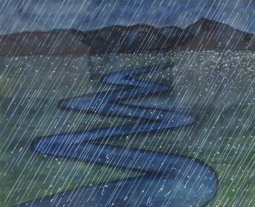 遠くの山に向かって雨で増水した川が蛇行し、横殴りの雨が降っている台風の様子を描いた中尾 靖雄さんの作品