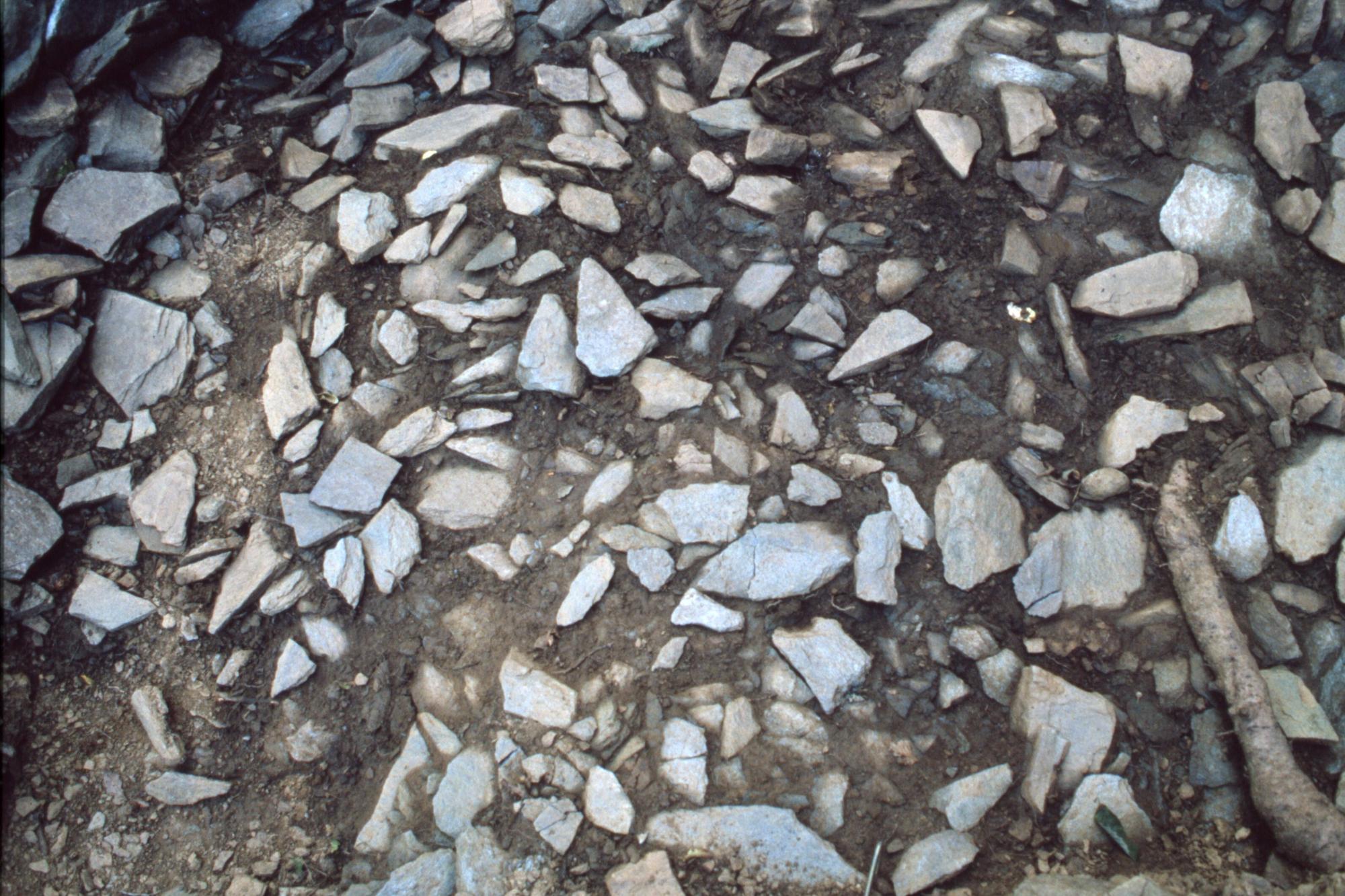 地表面から灰色の少々角が尖った石が多数検出されている写真