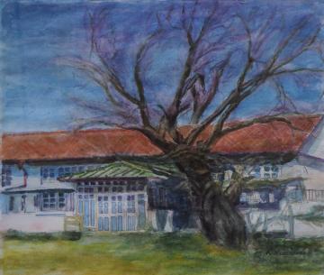 曇りが買った寒空の下、赤色の屋根の校舎と手前に立つ葉っぱのついていない大きな古木を描いた蓮沼 克子さんの作品