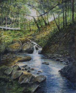 回りの木々には日が差し込み、大きな石と小さな石の間から流れ落ちる水が大きな流れになる川の様子が描かれた高木 登さんの水彩画の写真