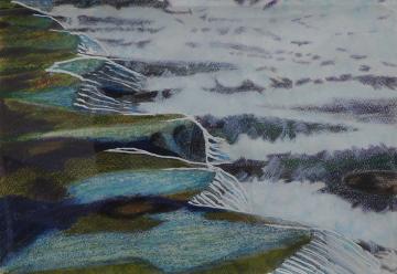 段々に下って流れている川の水が躍動感溢れる様子を描いた丸岡 利雄さんの作品