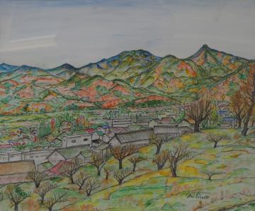 木々が赤く染まっている遠くの山並みの麓にある市街地の風景を高台から描いた三上 三男さんの作品