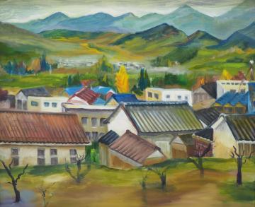 山並みの麓の市街地の家の合間にイチョウの木などが所々立っている風景を高台から描いた森 恭祥さんの作品