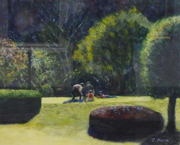 木々や円形の花壇が設置された芝生広場の上で、両親と2名の子供がひなたぼっこしている様子を描いた森田 とみ子さんの作品