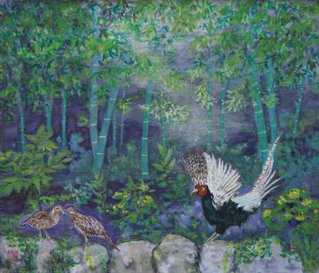 黄色の花が咲いている竹林の前で、左側に2羽の鳥が向かい合い、それを見ている真っ赤な顔をしたキジが羽を広げている様子を描いた柳瀬 洋子さんの作品
