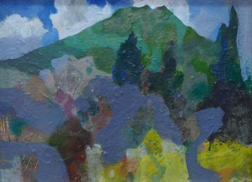 モクモクした雲が現れた空の下大きな山を緑色で、木々を青や黄色、薄紫色などの油絵で表現した山村 秀昭さんの作品