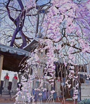 奥にお地蔵様が並び、それが隠れるほどの大きな枝垂桜が描かれた渡辺 三貴さんの油絵の写真