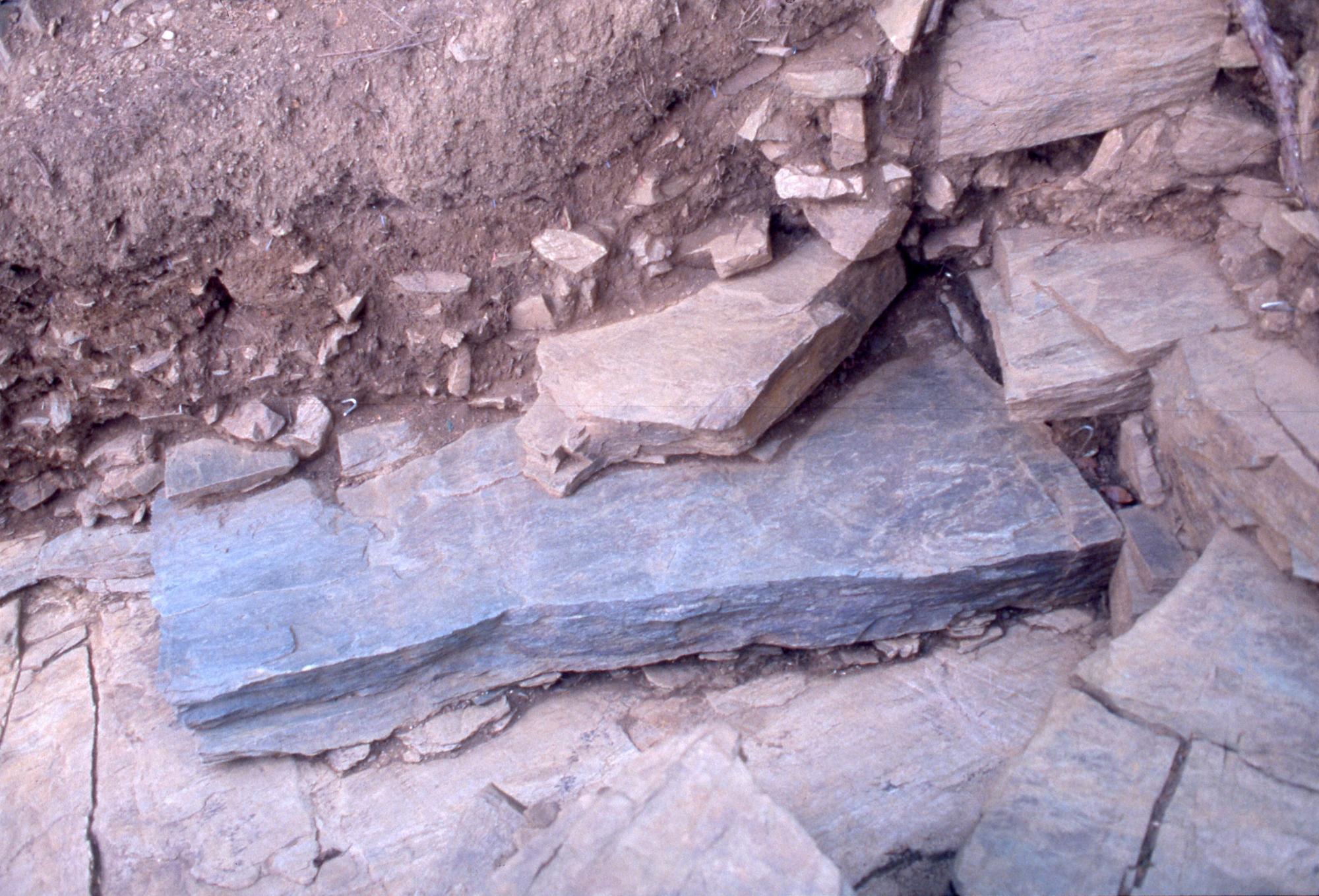 土が被り茶色をした石の間からグレー色の板石が半分見えている様子の板石の北側縦断面の写真