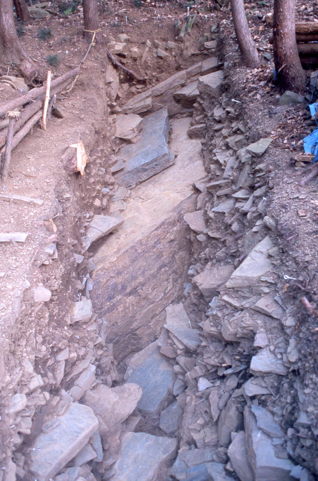 1段低い溝のようになっている箇所から大小様々な形をした板石と板石の隙間から岩盤が見えている写真