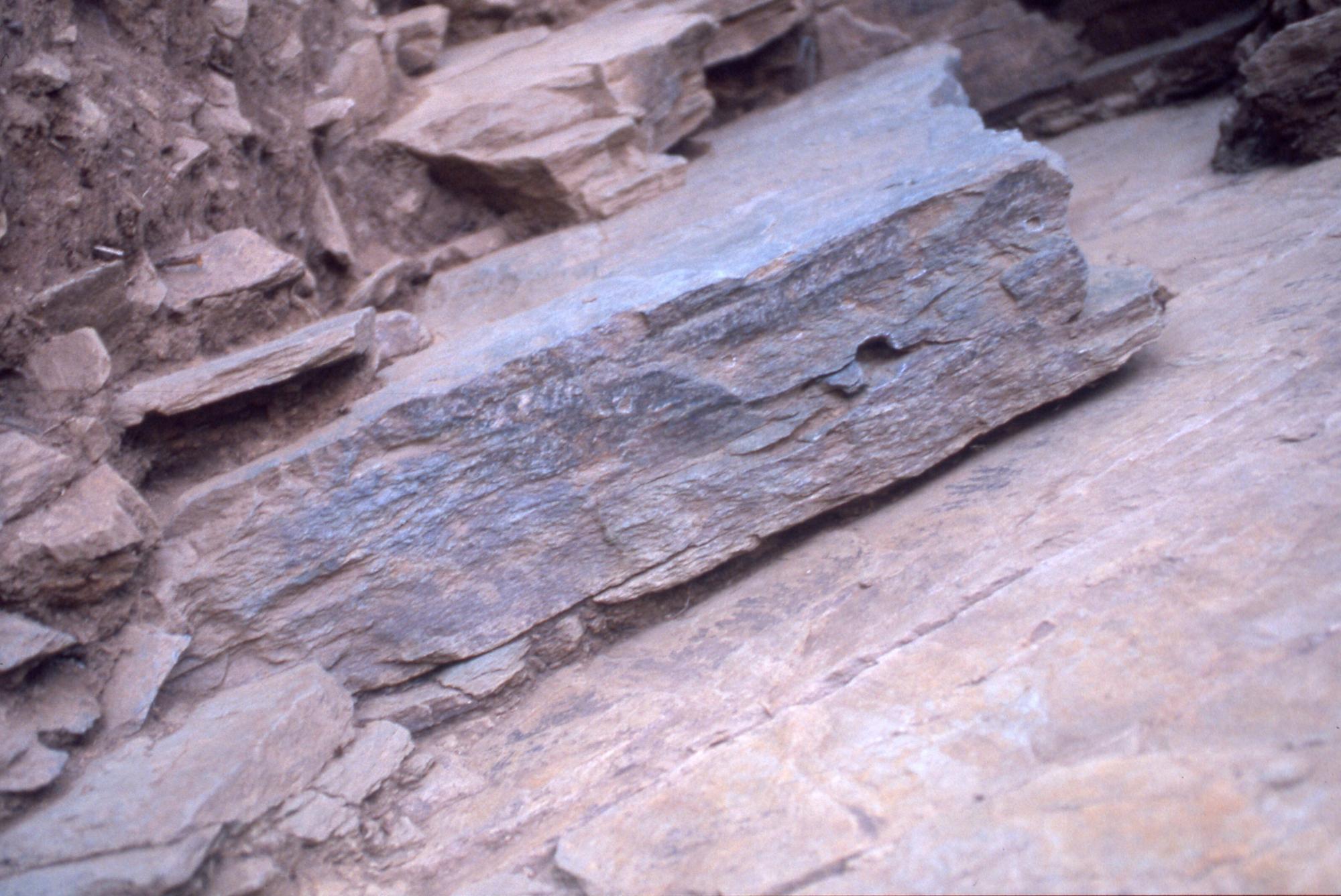 土が被り茶色をした石の間からグレー色の板石が半分見えており一部に穴があいている様子の板石の東側横断面 ヤ穴痕の写真