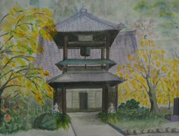 周囲に黄色の葉がついた木々が立つお寺の敷地内に立つ本堂の前に、梵鐘が吊るされた鐘楼が立っている様子を描いた吉田 きよ子さんの作品