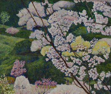 敷地内に立つ木々が黄色や薄ピンク色に染まっている様子を桜の木の枝越しに描いた渡辺 三貴さんの作品