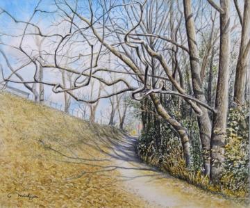 落ち葉の積もった散歩道の脇に枝だけが残された木々が並び、その枝が絡まるように描かれた荻野 みちよさんの水彩画の写真