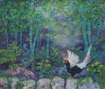 竹林を背景に2匹の雌キジの後ろでホロ打ちする雄キジが描かれた柳瀬 洋子さんの日本画の作品